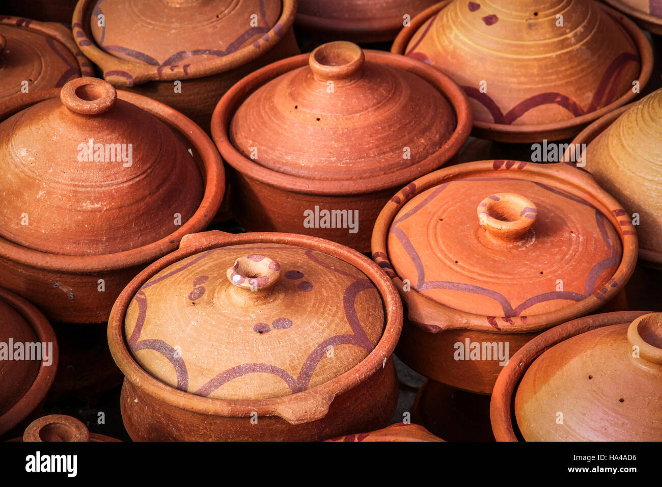 Traditional moroccan tajine pots used for preparing moroccan food Stock