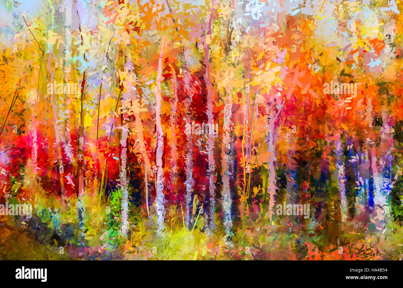 Oil painting landscape - colorful autumn trees. Semi abstract paintings image of forest, aspen tree with yellow and red leaf. Autumn, Fall season natu Stock Photo