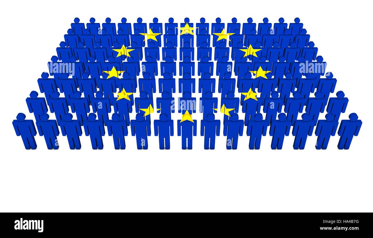 European Union community concept with EU flag on people parade 3D illustration. Stock Photo