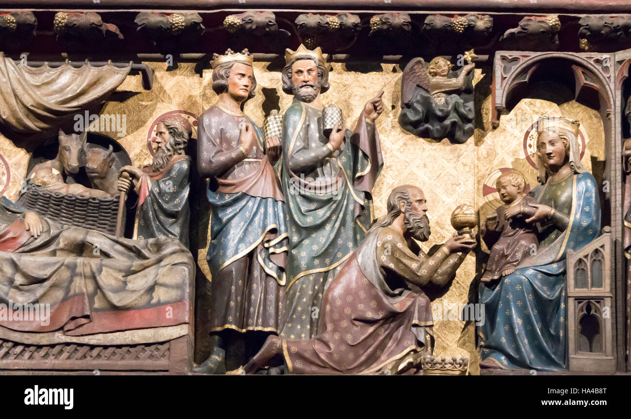 Wooden carving of Adoration of the Magi. Cathedral of Notre Dame, Paris, France. Stock Photo