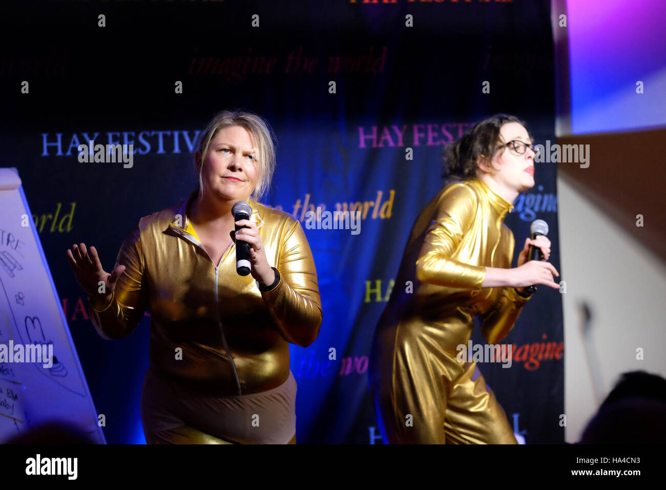 Hay on Wye, Wales, UK - Saturday 26th November 2016 - The Scummy Mummies comedy duo ( Helen Thorn on left  and Ellie Gibson on right ) perform on stage at the Hay Festival Winter Weekend. Photo Steven May / Alamy Live News Stock Photo
