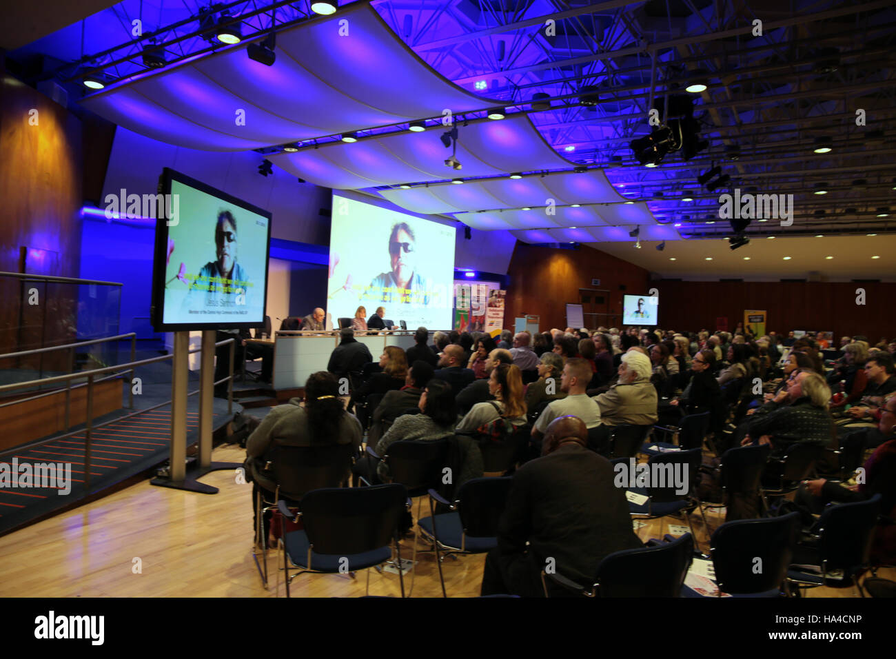 London UK 26 November 2016Ivan Marquez via video link from Colombia addressing the delegates of the Latin America Adelante 2016.Luciano Marín Arango, aka "Iván Márquez"  is a Colombian guerrilla leader, member of the Revolutionary Armed Forces of Colombia (FARC) part of its Secretariat higher command and adviser to the Northwestern and Caribbean blocs. In August 2016 he concluded a peace agreement with the Colombian President Manuel Santos, ending the Colombian civil war @Paul Quezada-Neiman/Alamy Live News Stock Photo