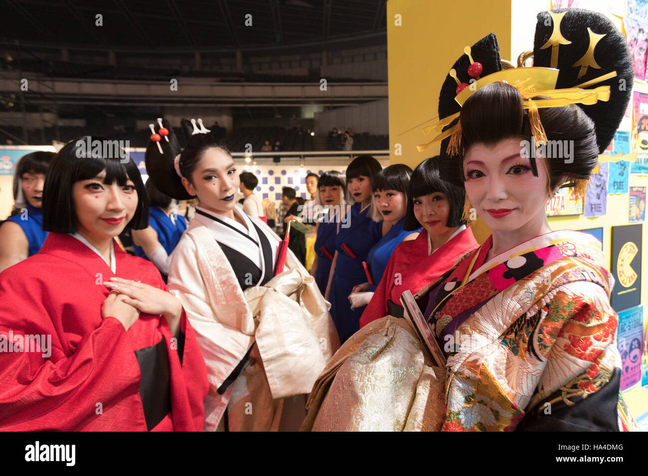 Dancers wearing traditional kimono pose for pictures during the Moshi Moshi  Nippon Festival 2016 on November 26, 2016 in Tokyo, Japan. Moshi Moshi  Nippon Festival 2016 aims to promote Japanese pop culture (
