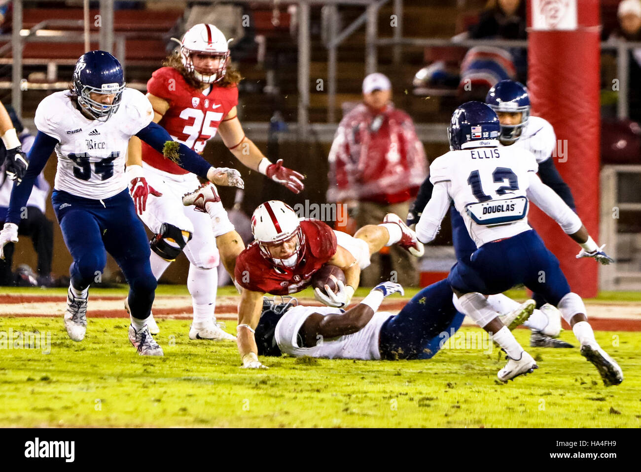 Palo Alto, California, USA. 26th Nov, 2016. Stanford Running Back Christian McCaffrey (5) goes airborne in NCAA football action at Stanford University, featuring the Rice Owls visiting the Stanford Cardinal. Stanford won the game 41-17. © Seth Riskin/ZUMA Wire/Alamy Live News Stock Photo