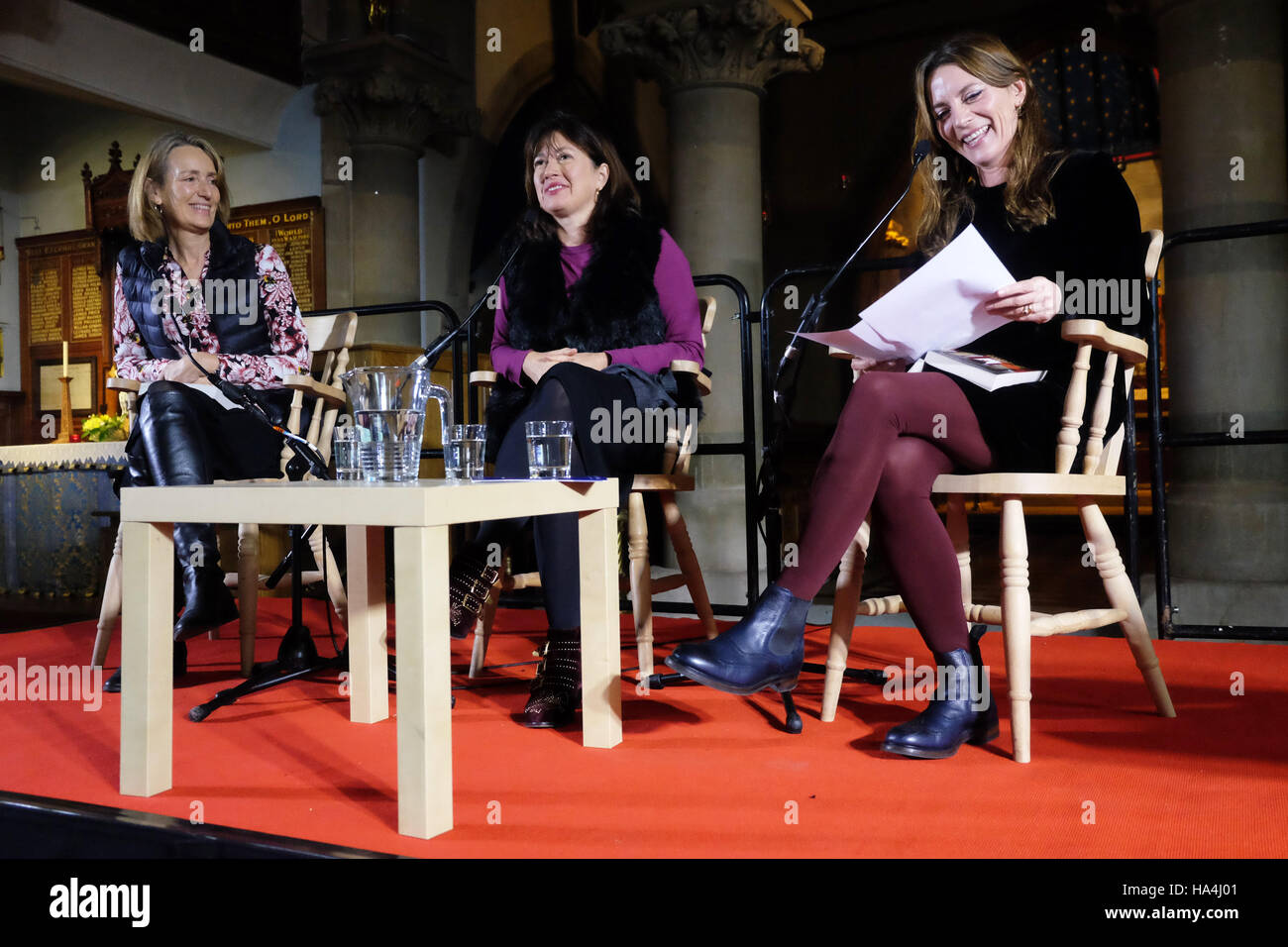 Hay Festival,  Wales, UK - Sunday 27th November 2016 - Actress Anna Wilson Jones ( right ) reads an extract from the book Victoria - A Novel of a Young Queen written by author Daisy Goodwin ( centre ) with Francine Stock on left at the Hay Festival Winter Weekend. Stock Photo