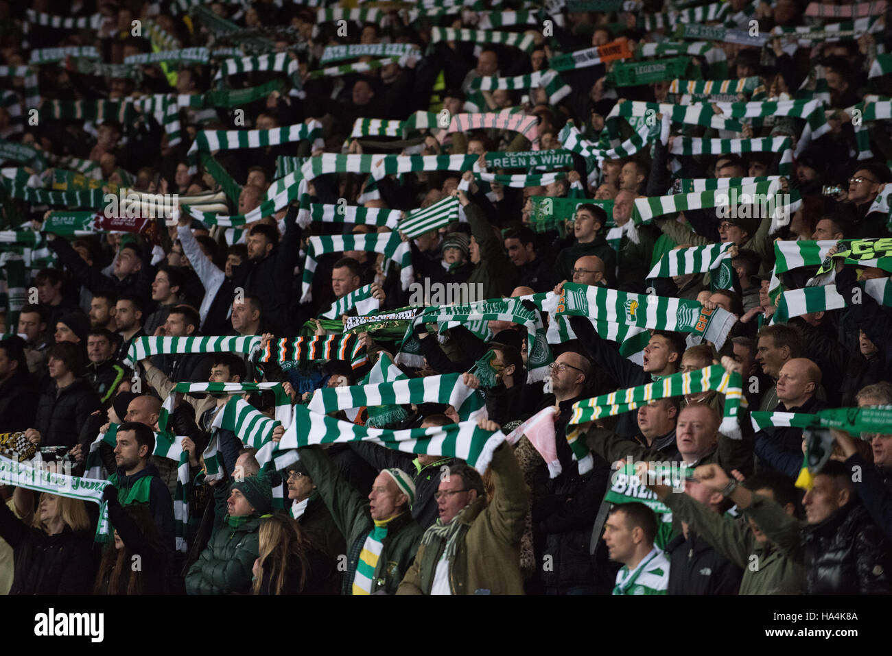 Glasgow, UK. 27th Nov, 2016.  Celtic fans sing You'll Never Walk Alon Credit: © Tony Clerkson/Alamy Live News  Stock Photo