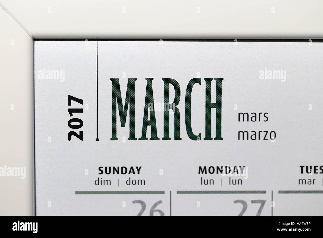 Close up calendar of March 2017 inside white frame Stock Photo