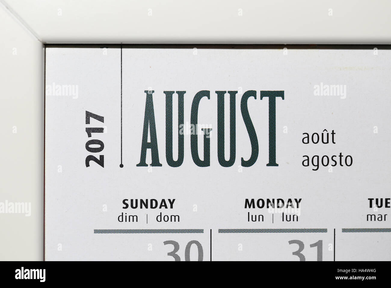 Close up calendar of August 2017 inside white frame Stock Photo