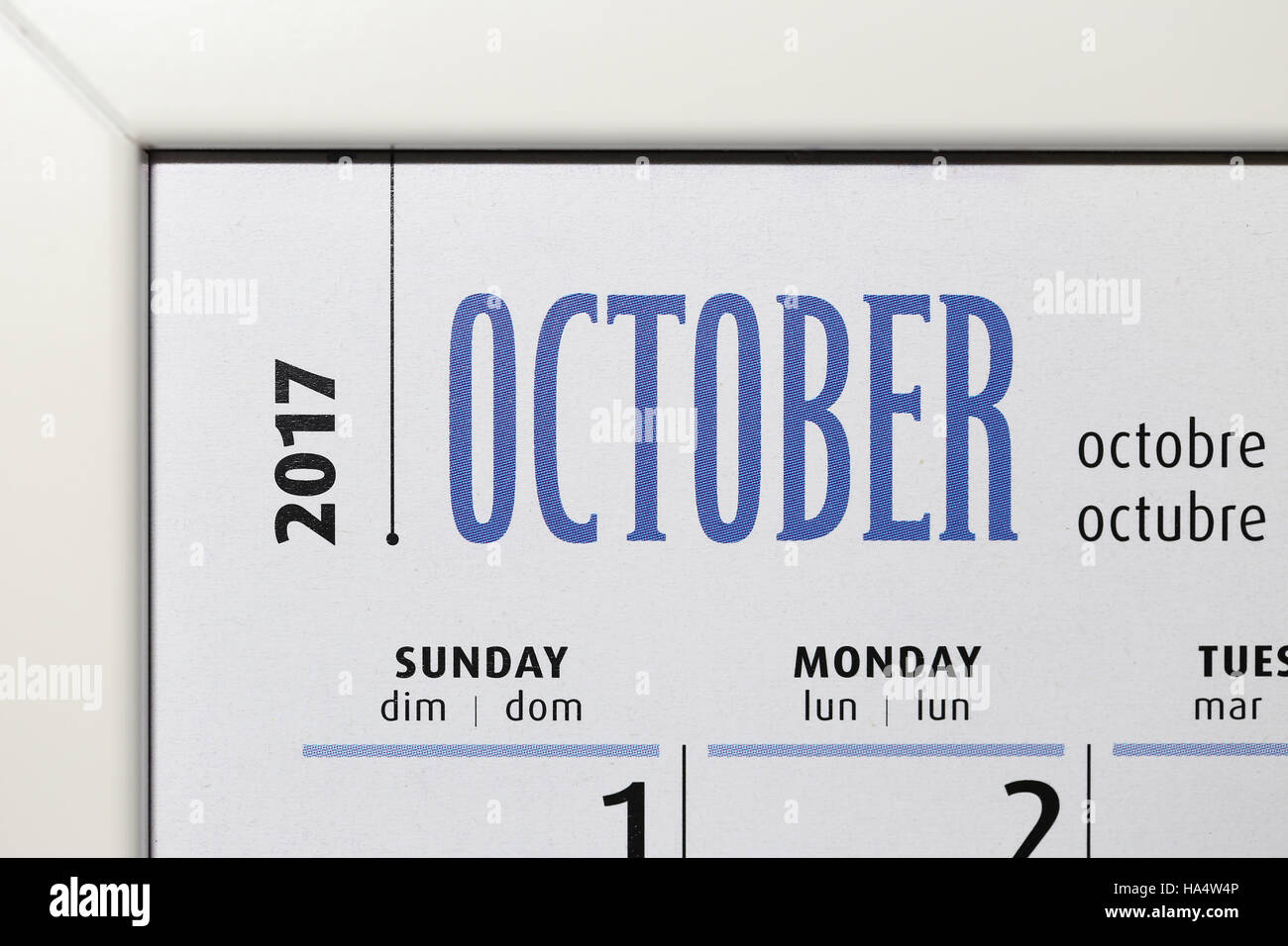 Close up calendar of October 2017 inside white frame Stock Photo