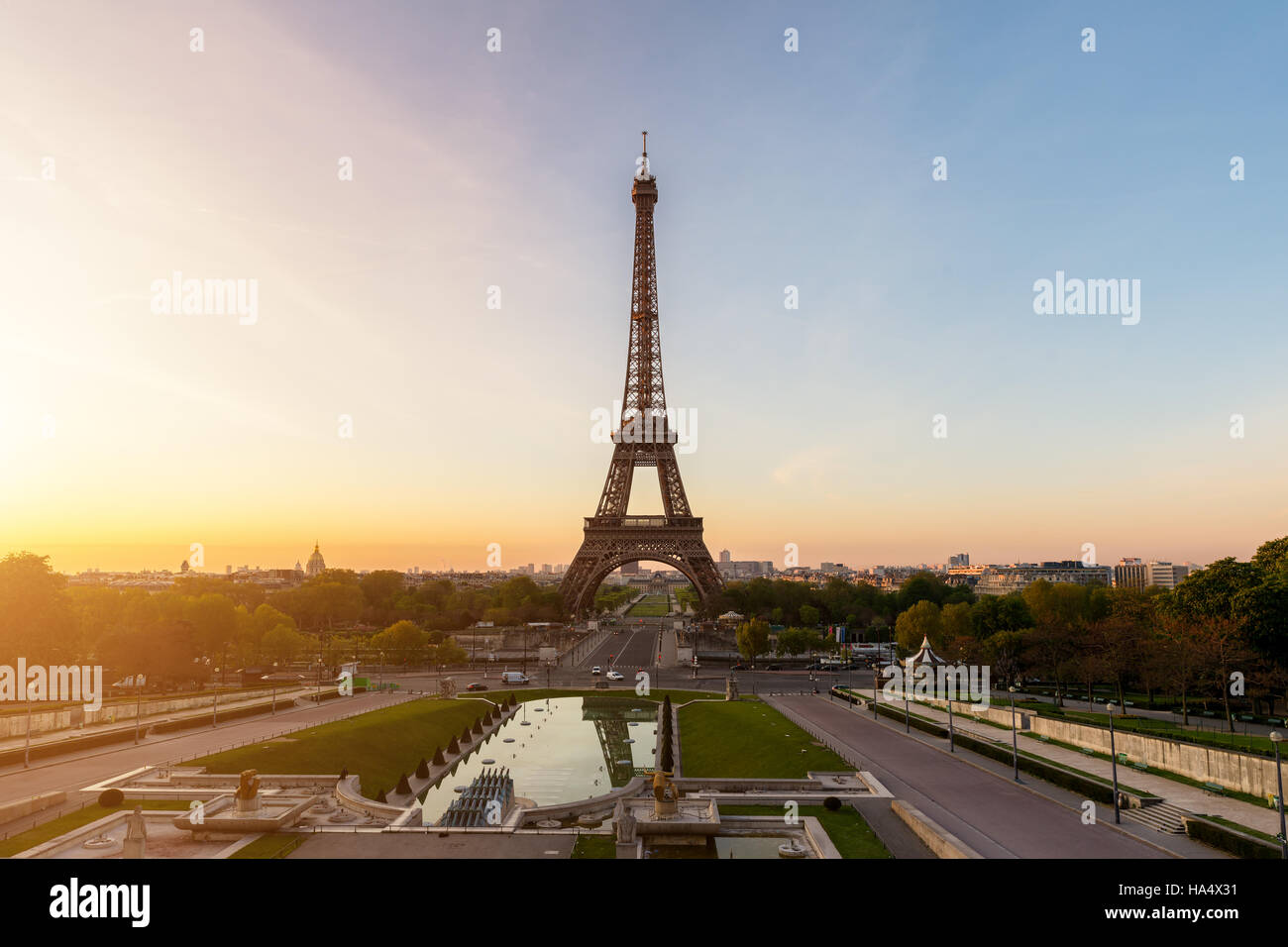 Sunrise in Eiffel Tower in Paris, France. Eiffel Tower is famous place in Paris, France. Stock Photo