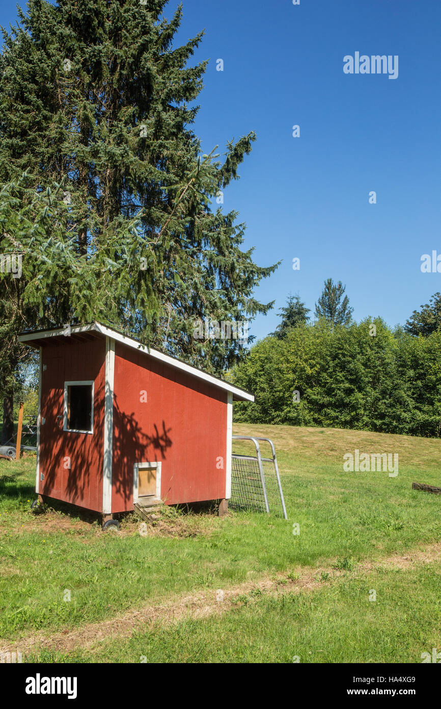 Mobile chicken coop not in use at this time, in Maple Valley, Washington, USA Stock Photo