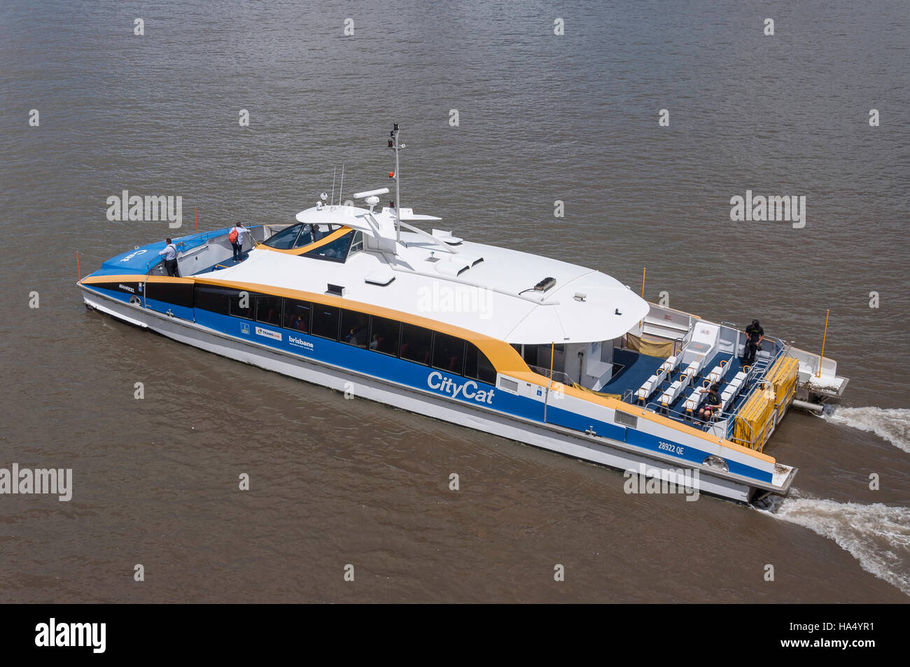 Aerial view of CityCat ferry boat on Brisbane River, Brisbane City, Brisbane, Queensland, Australia Stock Photo