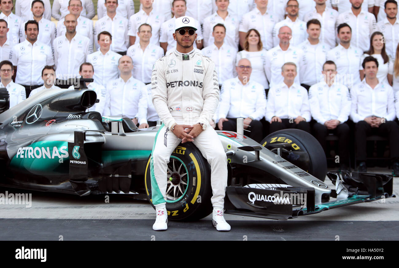 Mercedes' Lewis Hamilton during the end of year team photo before the