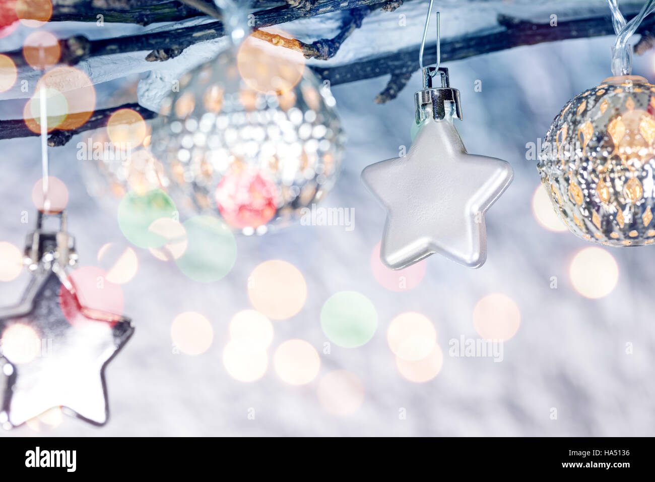 Bare Tree Branches With Christmas Decorations And Holiday Lights
