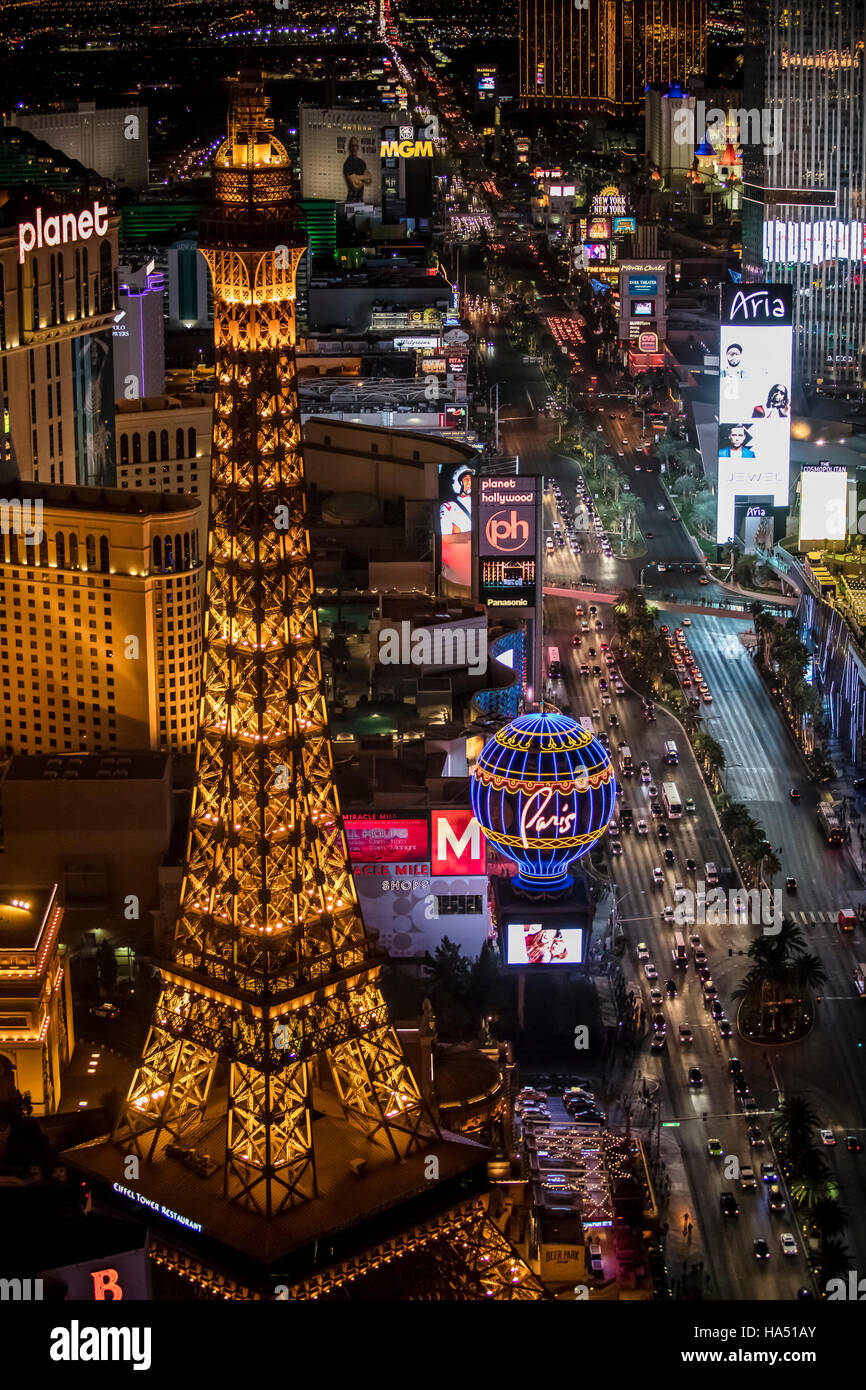 Aerial view of the Strip, Las Vegas, Nevada, USA. Eiffel Tower in the foreground Stock Photo