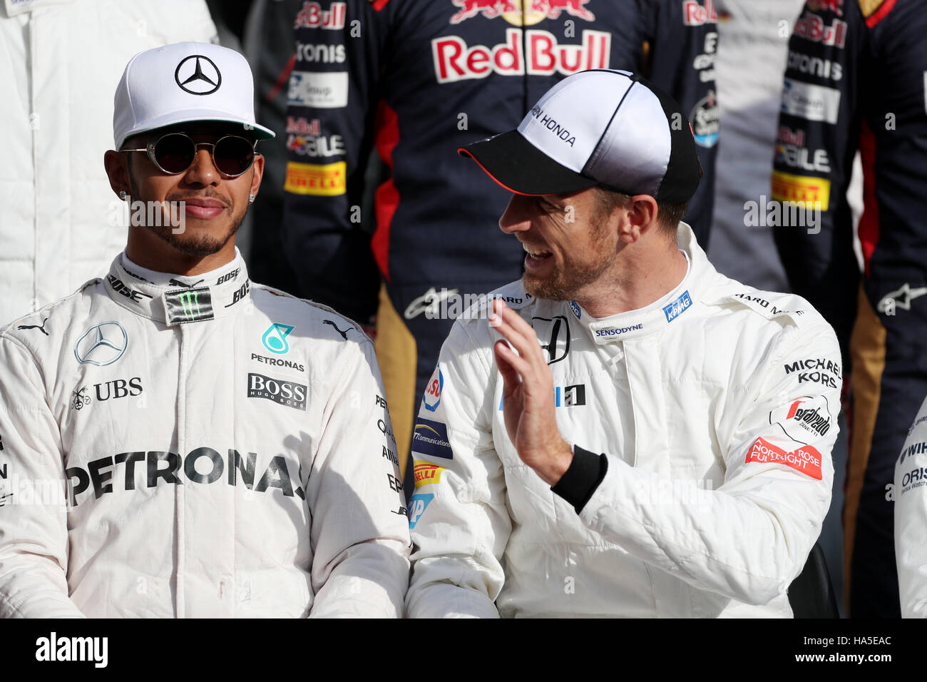 Mercedes' Lewis Hamilton and McLaren's Jenson Button before the Abu ...