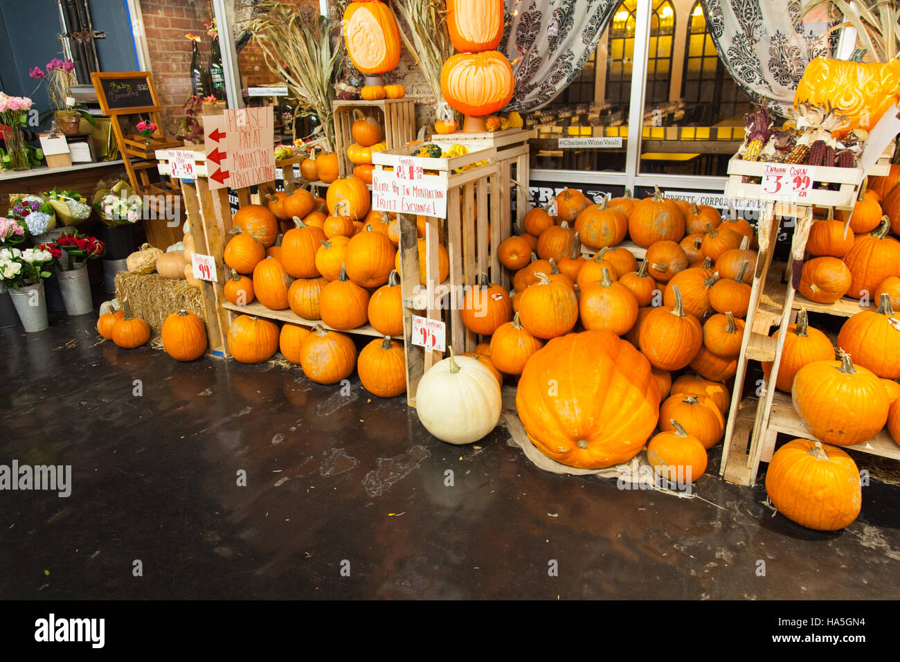 Halloween pumpkin for sale Chelsea market, New York City, United States of America. Stock Photo