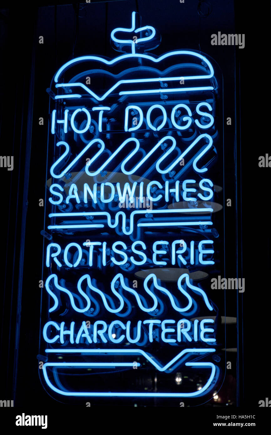 Hot dog neon sign, Chelsea Market, New York City, United States of America. Stock Photo