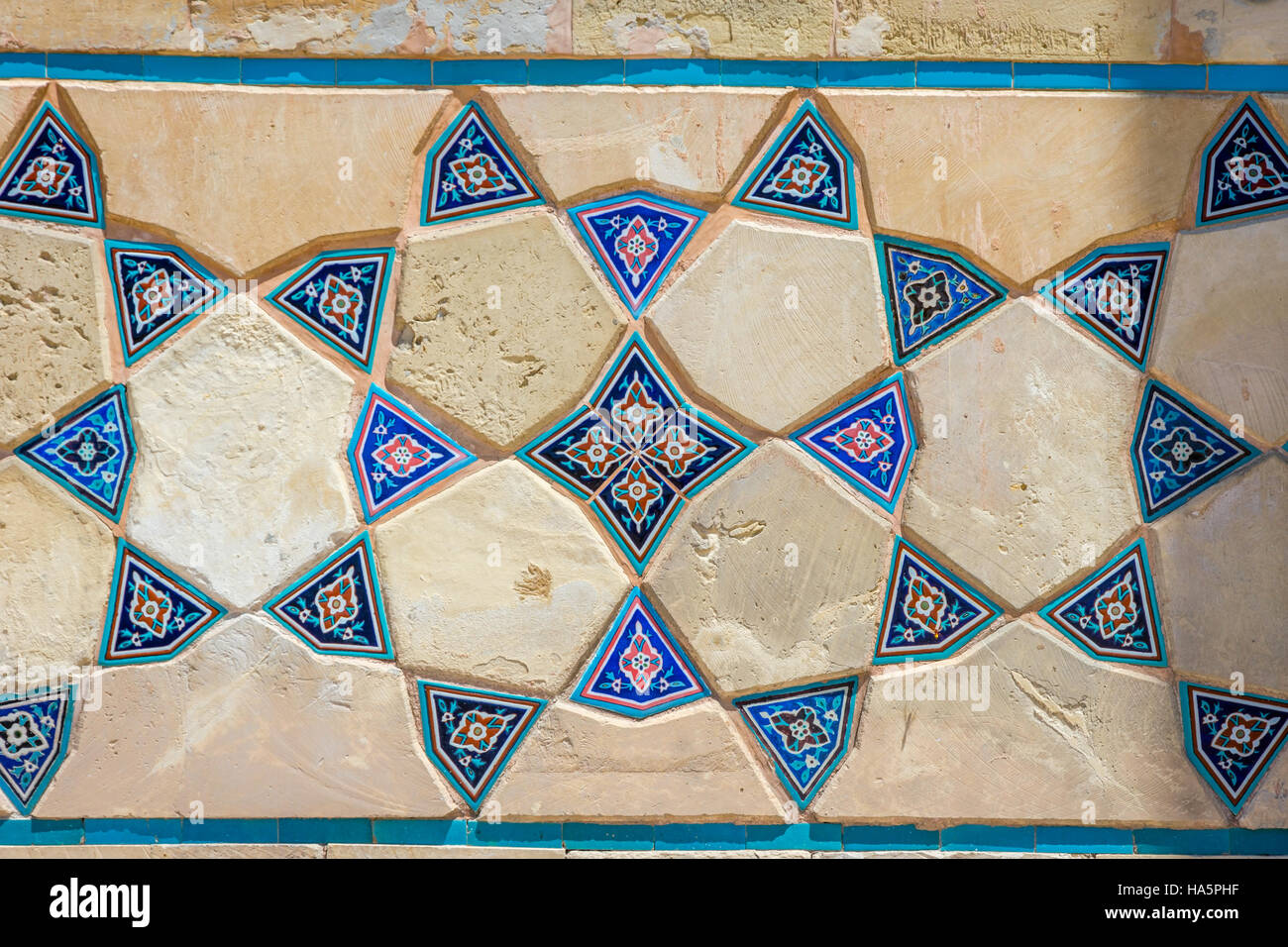 Oriental patterns made of tiles at Turkistan mausoleum, Kazakhstan Stock Photo