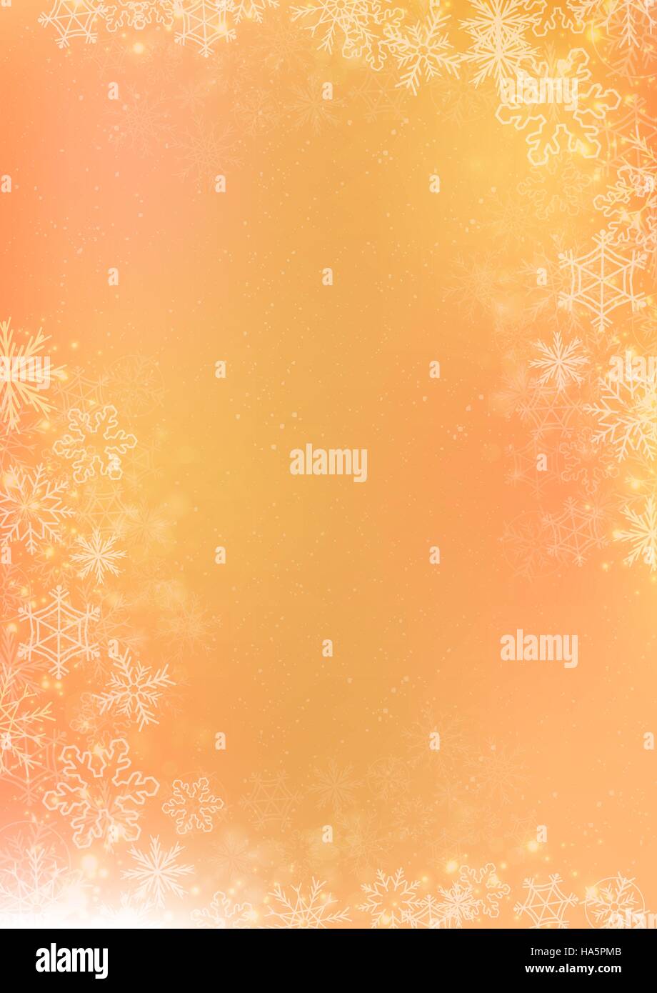 orange gradient winter paper background with the snow and snowflake border Stock Vector