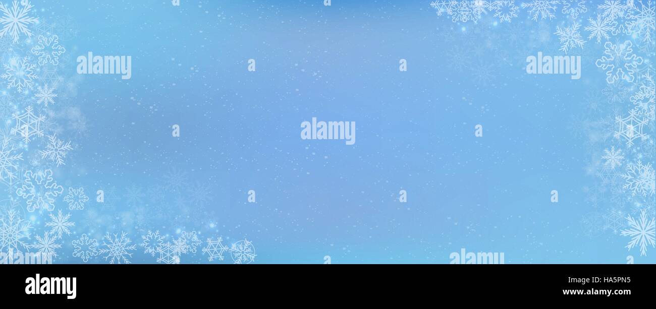 Blue gradient winter banner background with the snow and snowflake border Stock Vector