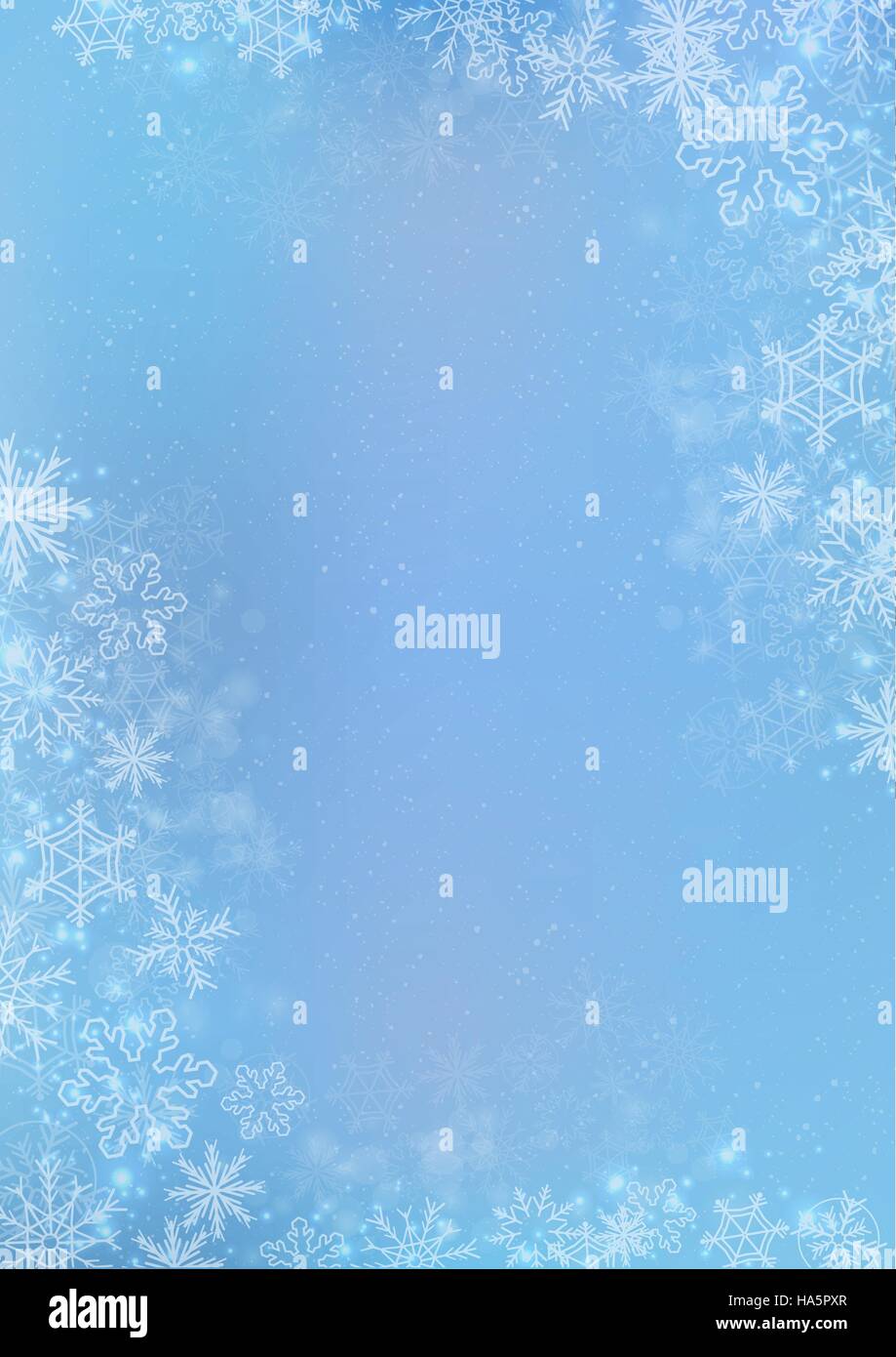 A3 blue gradient winter paper background with the snow and snowflake border Stock Vector