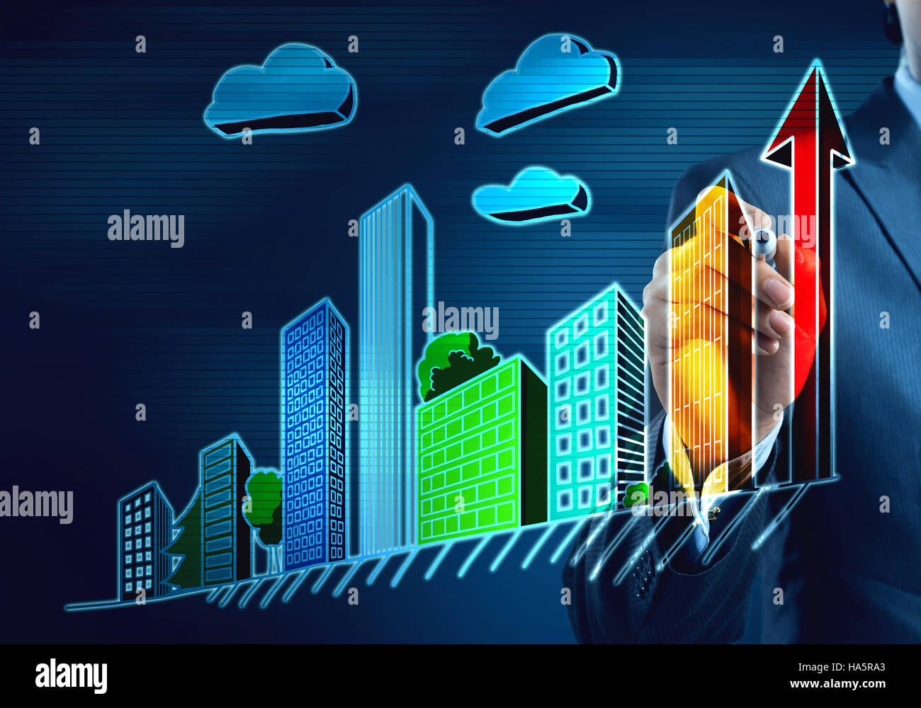 Close view of engineer man drawing with marker buildings on screen ...