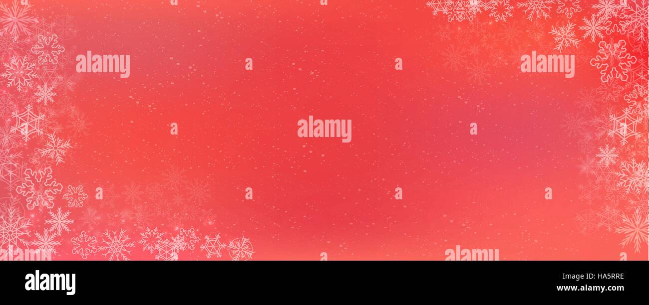 Red gradient winter banner background with the snow and snowflake border Stock Vector