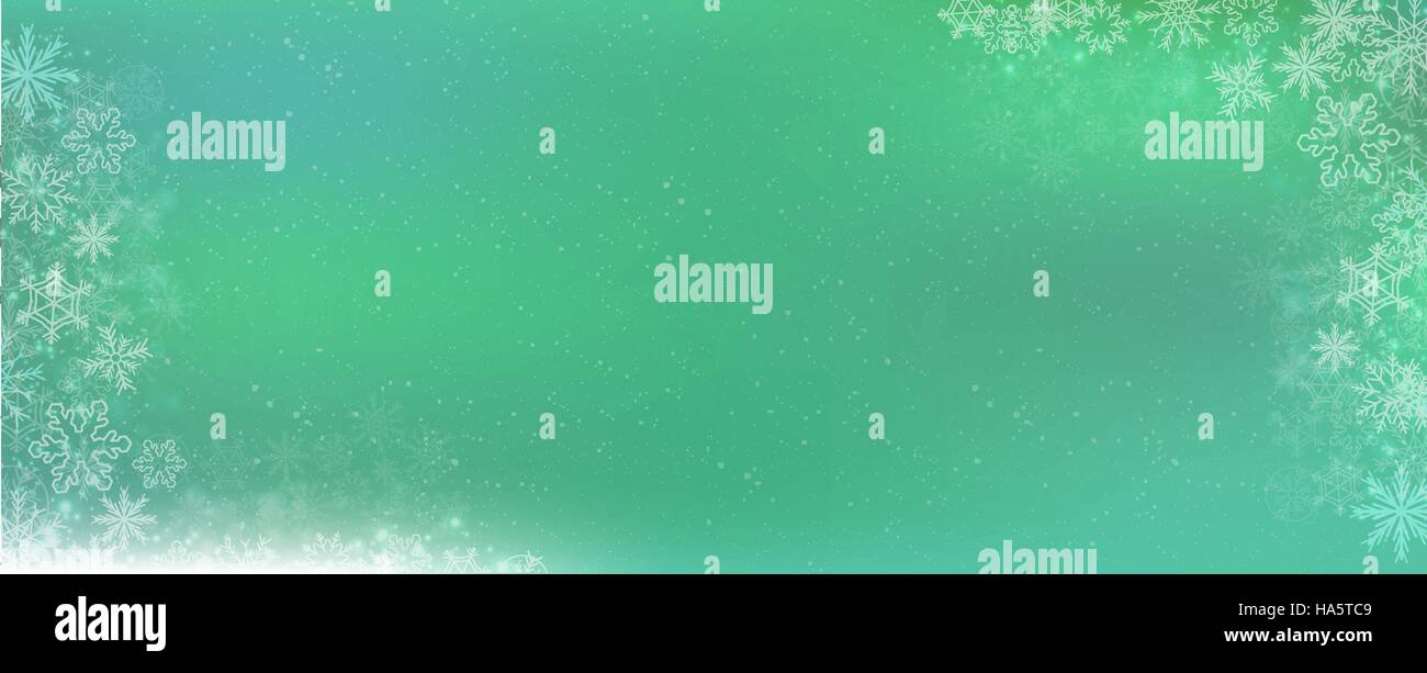 Green gradient winter banner background with the snow and snowflake border Stock Vector