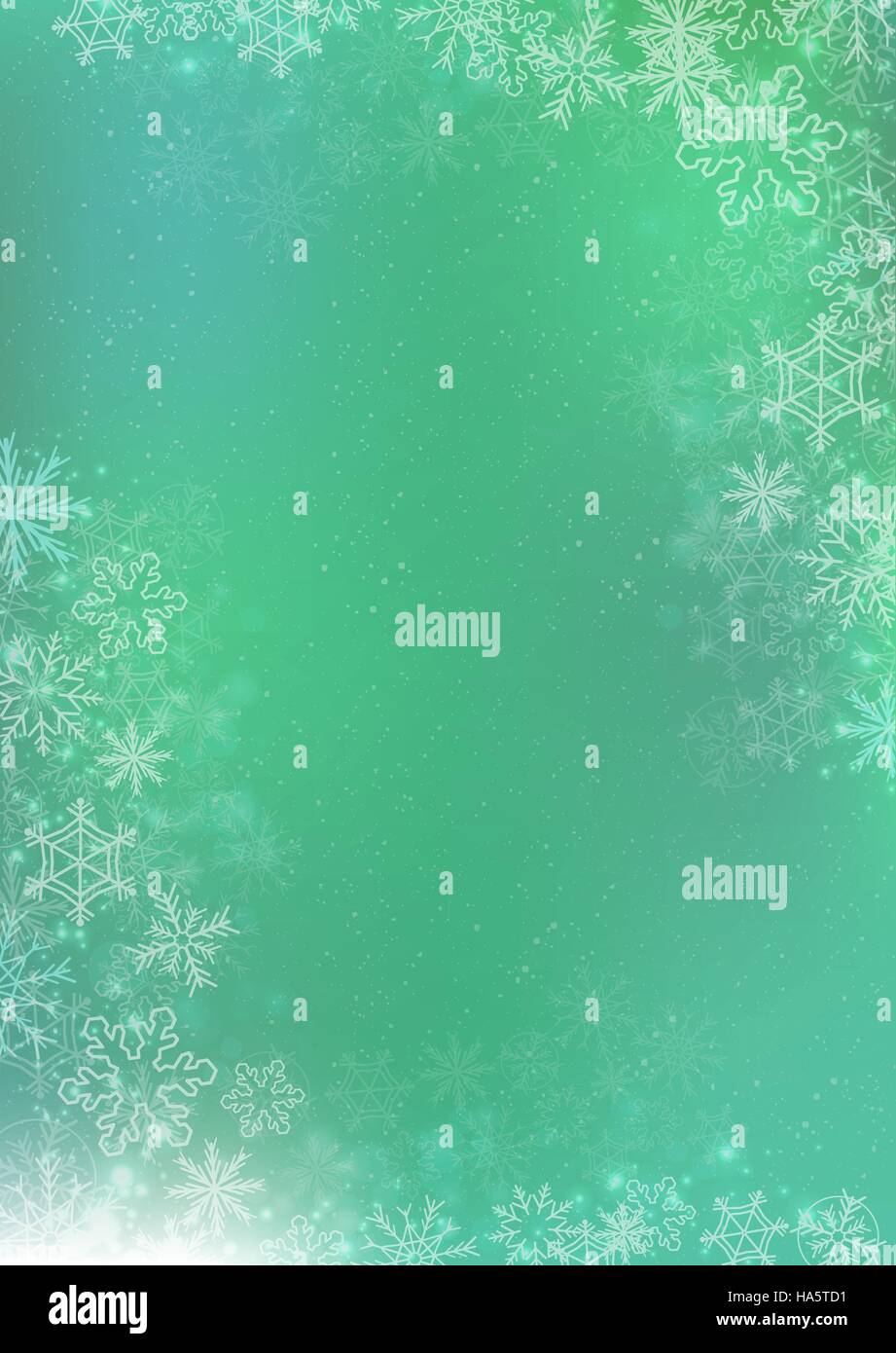A3 green gradient winter paper background with the snow and snowflake border Stock Vector