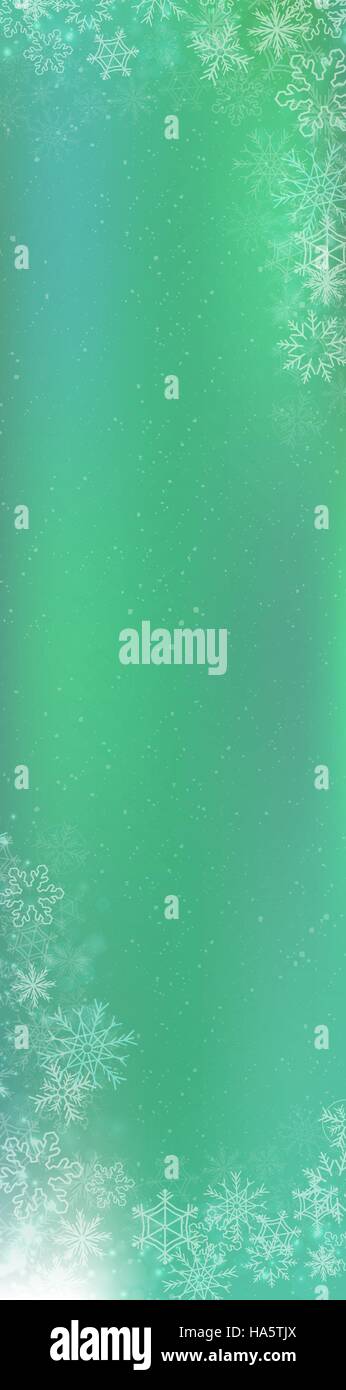 Green gradient winter skyscraper banner background with the snow and snowflake border Stock Vector