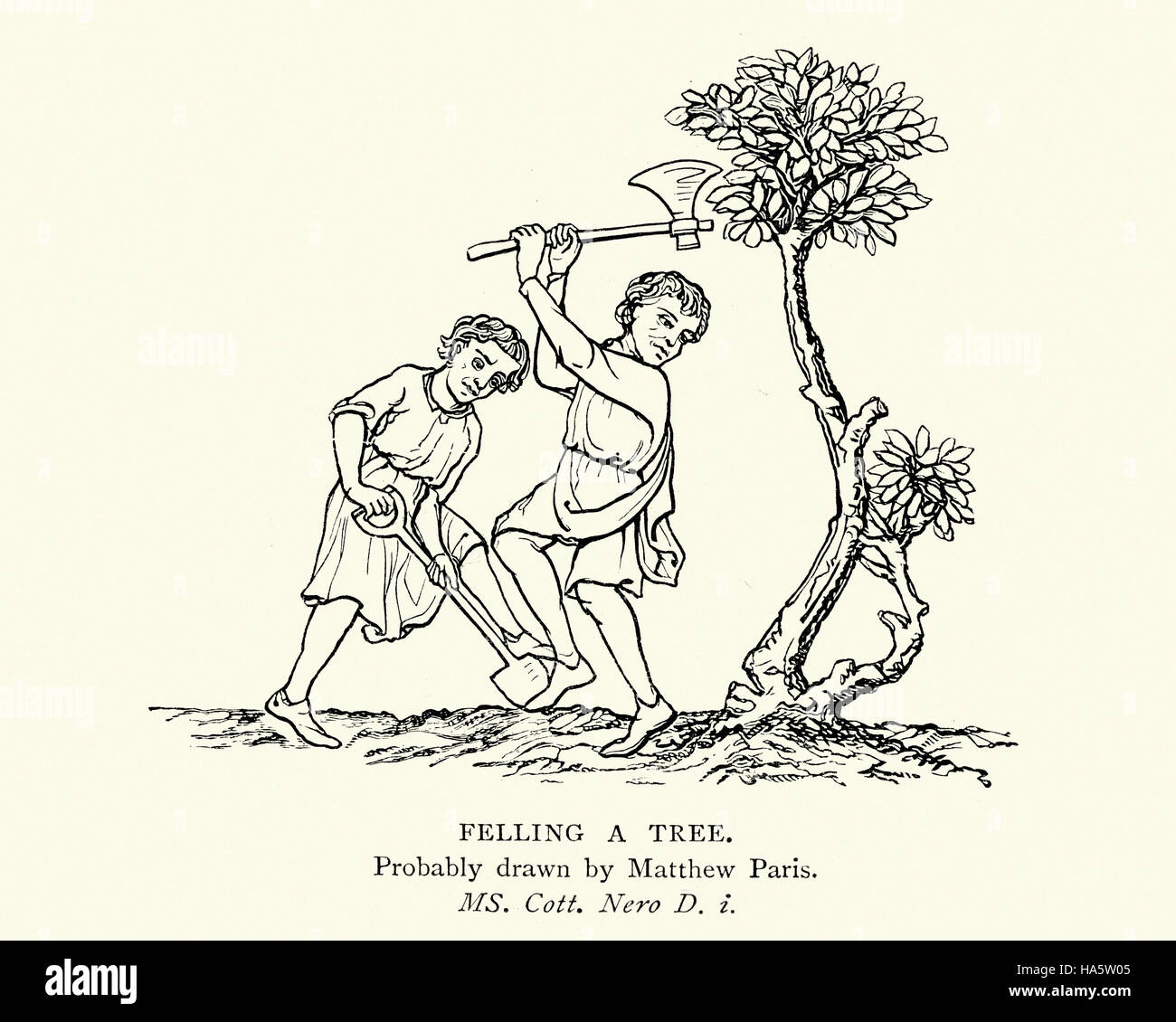 Medieval illustration of men felling a tree with an axe to clear a field for agriculture. Stock Photo