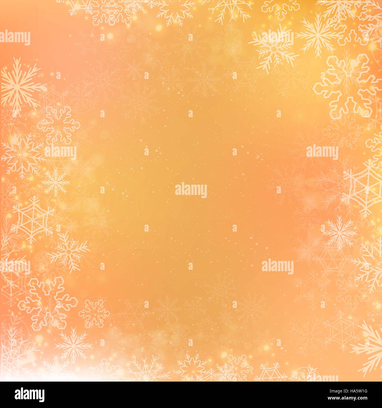 Square orange gradient winter square banner background with the snow and snowflake border Stock Vector