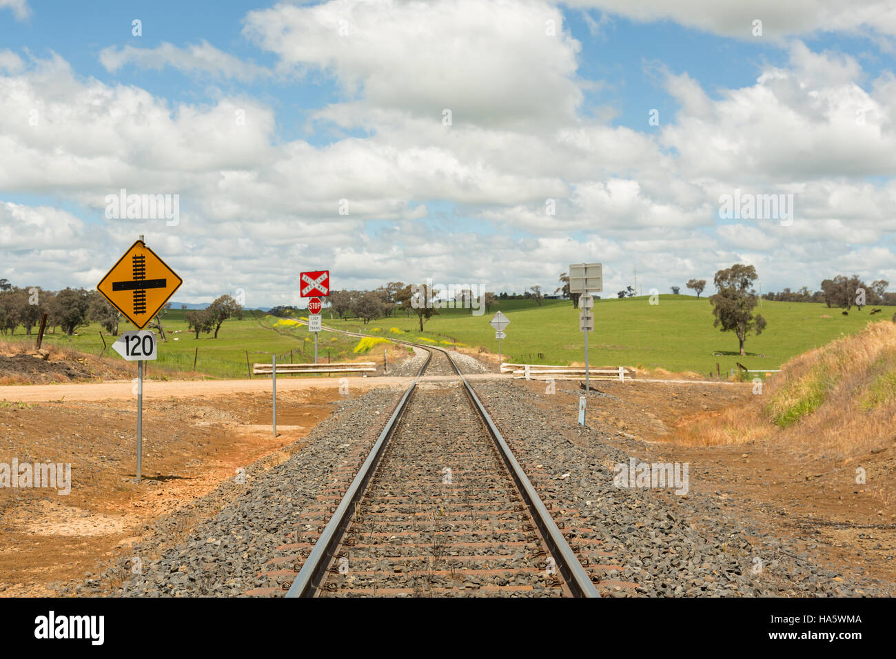 Railroad signs and tracks through Australian new South Wales landscape going to horizon, going forward into the future. Stock Photo