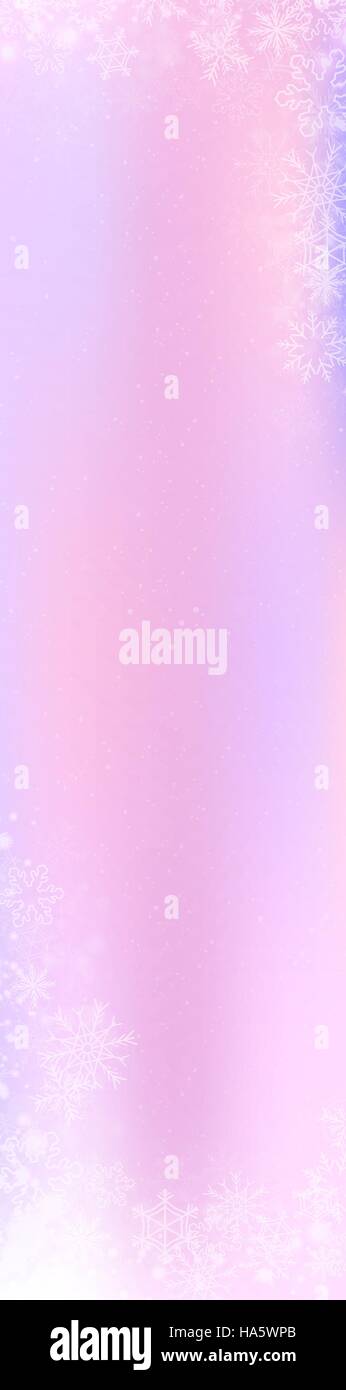 Pink and purple gradient winter skyscraper banner background with the snow and snowflake border Stock Vector