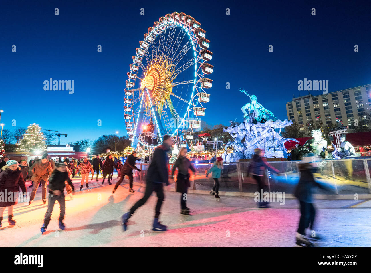 Ice rink at traditional Christmas Market at Alexanderplatz in Mitte Berlin Germany 2016 Stock Photo