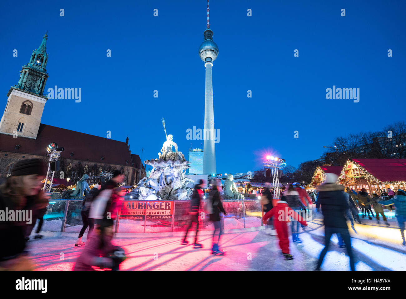 Ice rink at traditional Christmas Market at Alexanderplatz in Mitte Berlin Germany 2016 Stock Photo