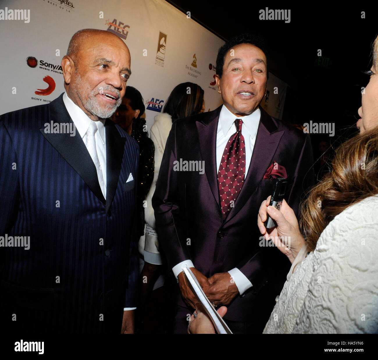 (L-R) Motown founder Berry Gordy and GRAMMY winner Smokey Robinson honored at the first-ever Architects of Sound Awards at the GRAMMY Museum on November 11, 2013 in Los Angeles, California. Stock Photo