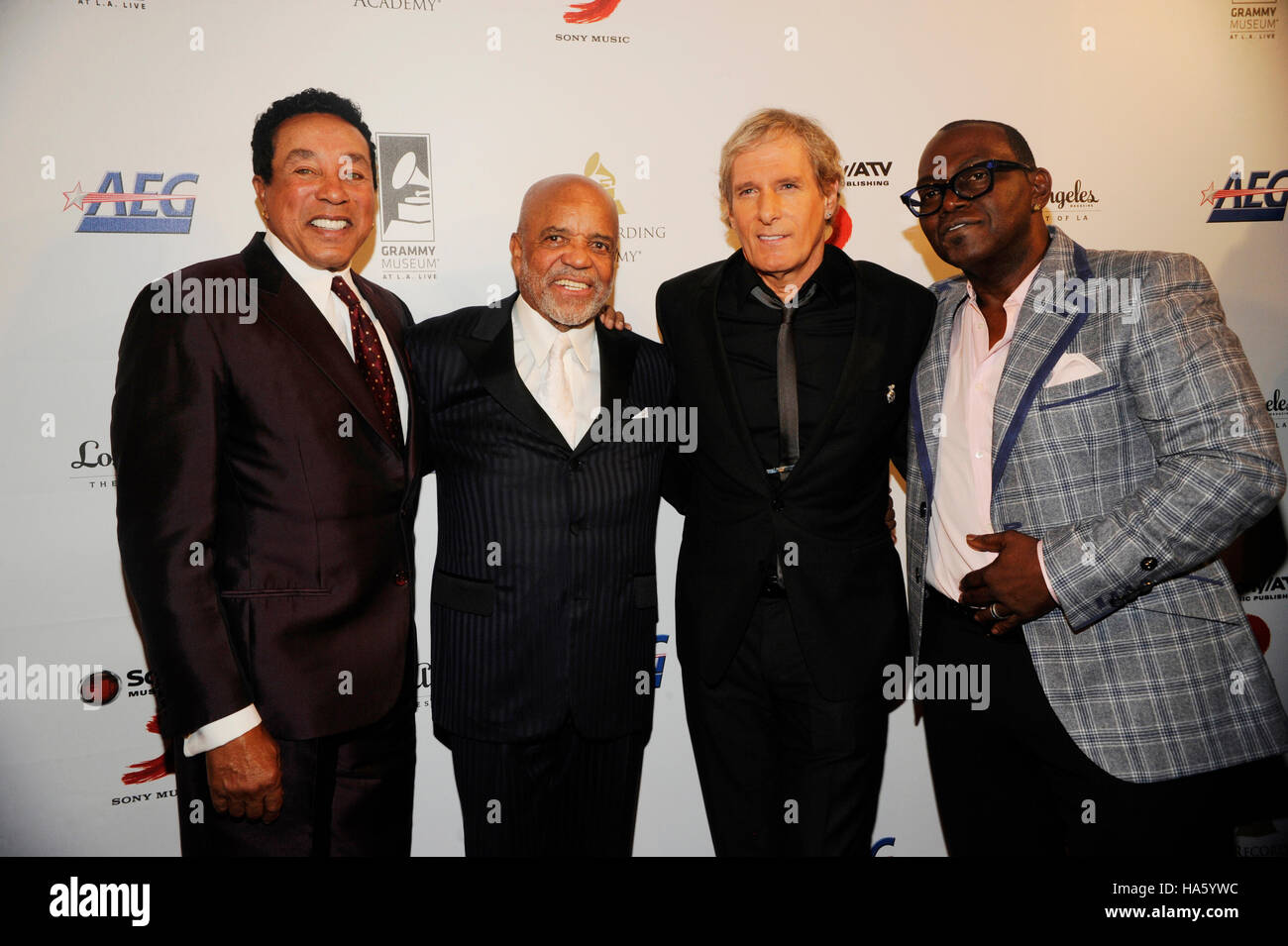 (L-R) GRAMMY winner Smokey Robinson, Motown founder Berry Gordy, Michael Bolton and Randy Jackson honored at the first-ever Architects of Sound Awards at the GRAMMY Museum on November 11, 2013 in Los Angeles, California. Stock Photo