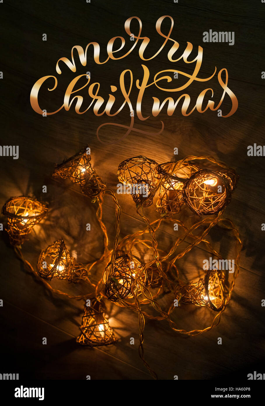 Holiday lights background for postcards and text Merry Christmas. Calligraphy lettering Stock Photo