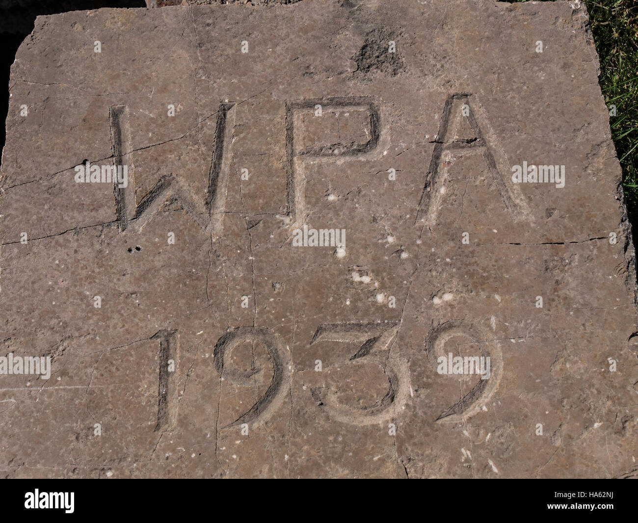 WPA  stone from hatchery workers' home, D.C. Booth Historic National Fish Hatchery, Spearfish, South Dakota. Stock Photo