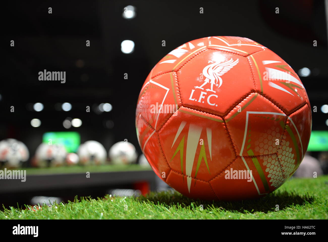 An LFC football in the LFC store at Liverpool One, Liverpool, Merseyside Stock Photo