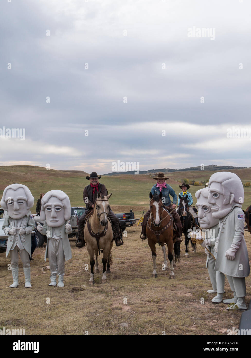 Mt. Rushmore mascot characters, Buffalo  Roundup, Custer State Park, South Dakota. Stock Photo