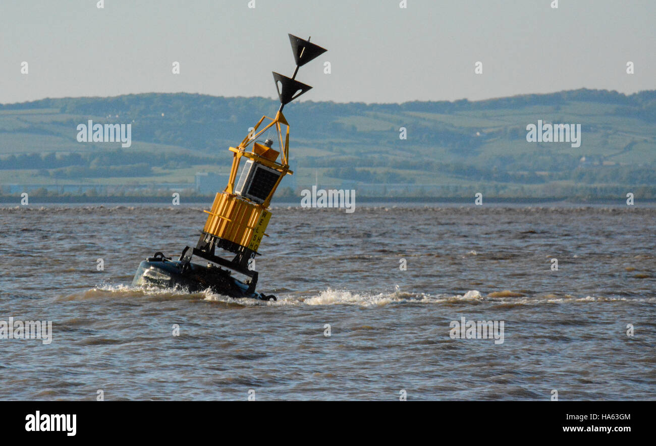 Welsh Hook South Cardinal Buoy in the strong current of the Bristol Channel Stock Photo