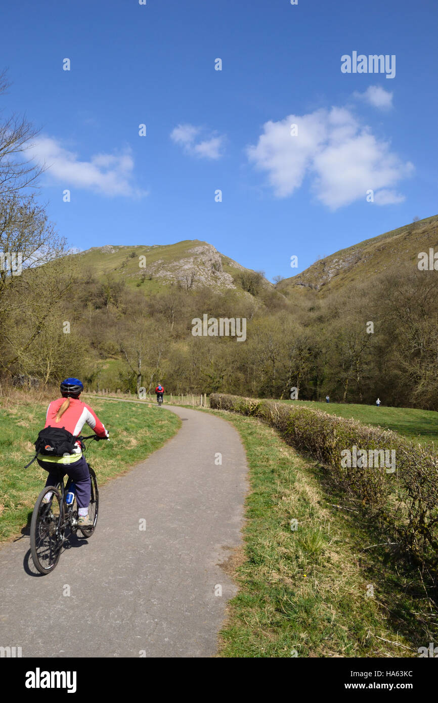 Cyclist on the Manifold Trail beside the River Manifold in the Peak District National Park, Staffordshire. Stock Photo