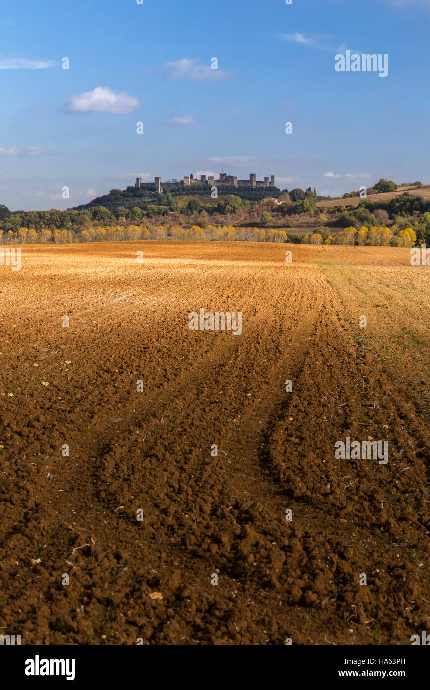 View of the medieval town of Monteriggioni from the surrounding fields, Tuscany, Italy. Stock Photo