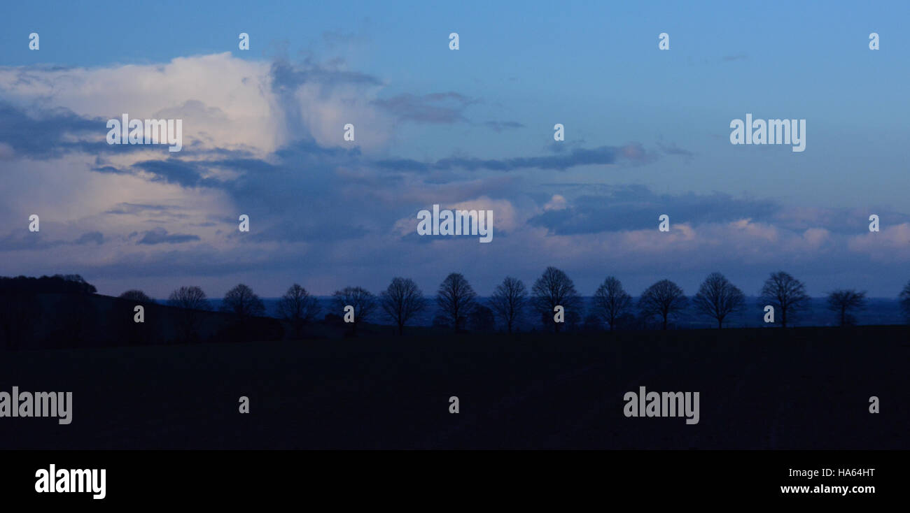 Typical Costwold winter skyline of trees silhouetted against hills and blue sky with dramatic clouds Stock Photo