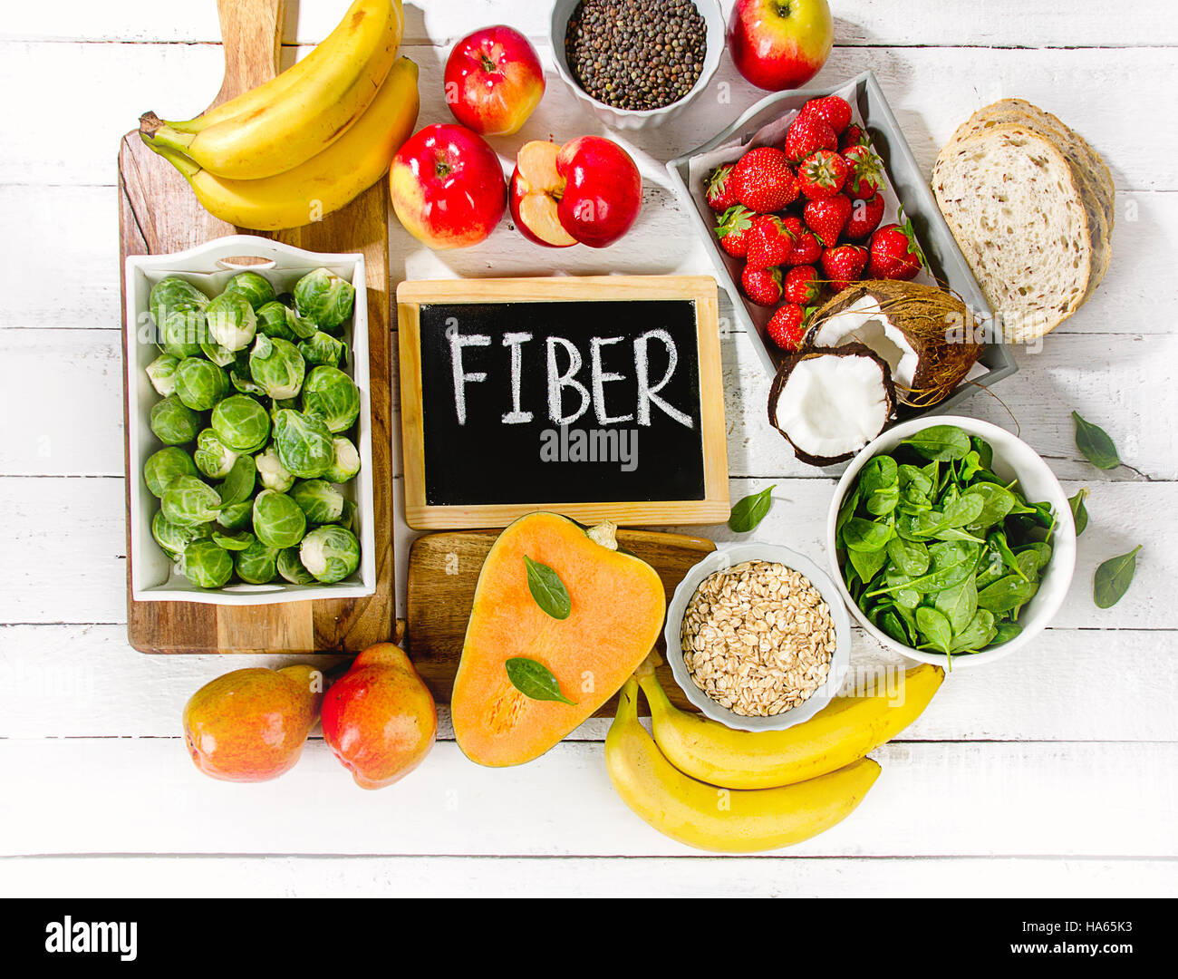 High Fiber Foods on a wooden background. Flat lay Stock Photo