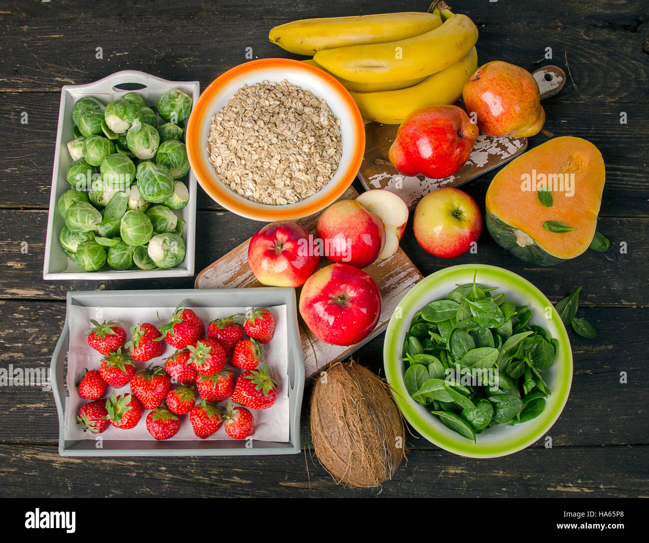 High Fiber Foods on a wooden table. Top view Stock Photo
