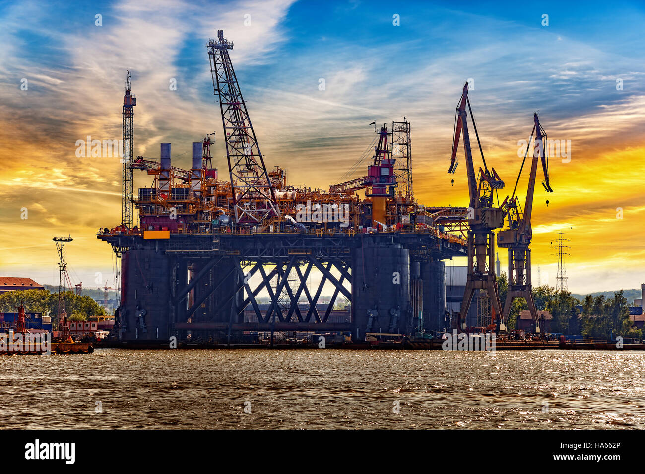 Oil rig under construction at sunset in Gdansk, Poland. Stock Photo